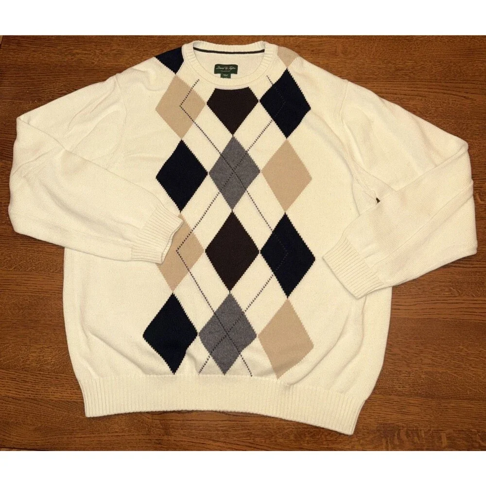 David Taylor Size XL Mens White Cream Argyle Pullover Crew Neck Sweater Cotton